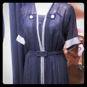 Vintage Navy blue sheer dress with gingham slip